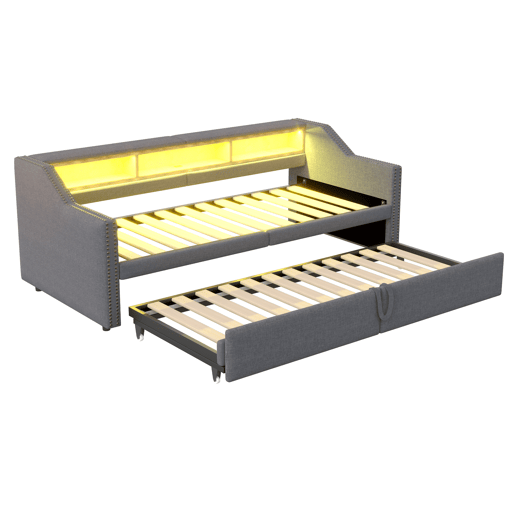 Sofá-cama extensível 90180 x 200 cm - Multifuncional, com arrumação, luz LED e porta USB - Cinza escuro