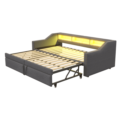 Sofá-cama extensível 90180 x 200 cm - Multifuncional, com arrumação, luz LED e porta USB - Cinza escuro