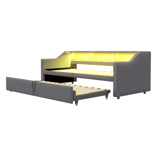 Sofá-cama extensível 90180 x 200 cm - Multifuncional, com arrumação, luz LED e porta USB - Cinza escuro