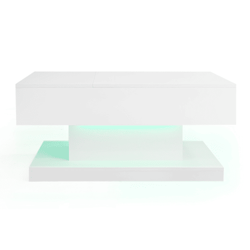 Mesa de centro elevável 100x50x45 cm - Com LED, superfície elevável e design deslizante lateral, elevação hidráulica e armazenamento - Branco