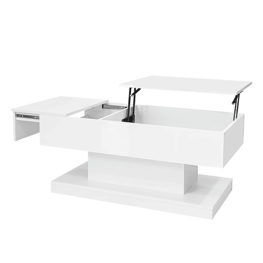 Mesa de centro elevável 100x50x45 cm - Com LED, superfície elevável e design deslizante lateral, elevação hidráulica e armazenamento - Branco