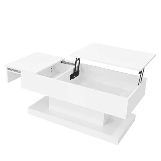 Mesa de centro elevável 100x50x45 cm - Com LED, superfície elevável e design deslizante lateral, elevação hidráulica e armazenamento - Branco