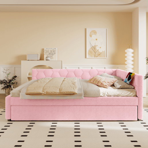 Sofá-cama, 140*200 cm, sofá-cama, cama com estrado de ripas (sem colchão), com candeeiro de mesa, com cama extra multifuncional, porta USB tipo C, material confortável, imitação de velo, rosa