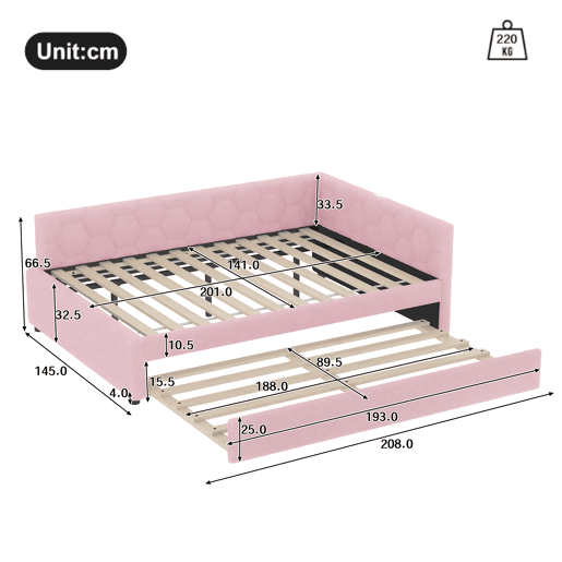 Sofá-cama, 140*200 cm, sofá-cama, cama com estrado de ripas (sem colchão), com candeeiro de mesa, com cama extra multifuncional, porta USB tipo C, material confortável, imitação de velo, rosa