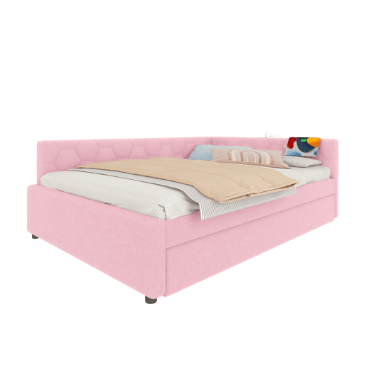 Sofá-cama, 140*200 cm, sofá-cama, cama com estrado de ripas (sem colchão), com candeeiro de mesa, com cama extra multifuncional, porta USB tipo C, material confortável, imitação de velo, rosa