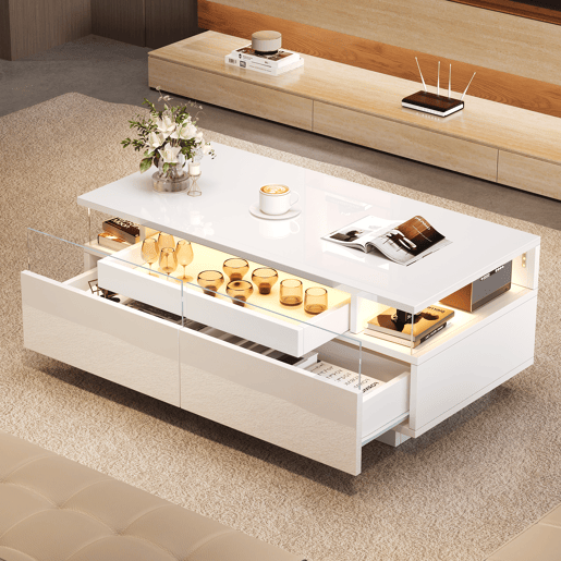 Mesa de centro 90 x 45 x 35,5 cm - com bandeja, 2 gavetas, vidro temperado, luz LED - branco