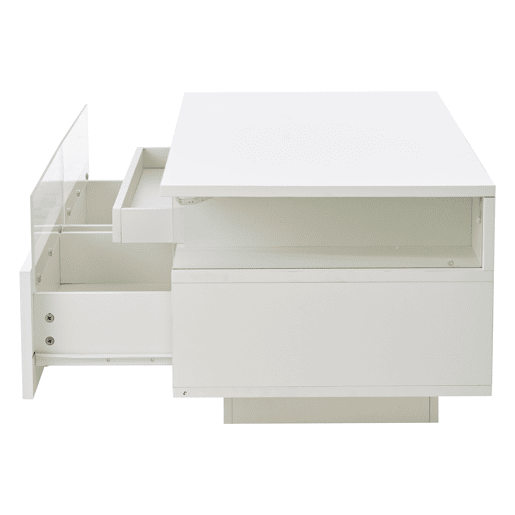 Mesa de centro 90 x 45 x 35,5 cm - com bandeja, 2 gavetas, vidro temperado, luz LED - branco