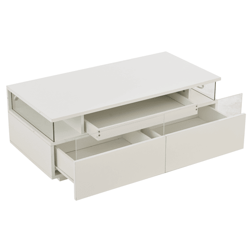 Mesa de centro 90 x 45 x 35,5 cm - com bandeja, 2 gavetas, vidro temperado, luz LED - branco