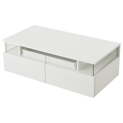 Mesa de centro 90 x 45 x 35,5 cm - com bandeja, 2 gavetas, vidro temperado, luz LED - branco