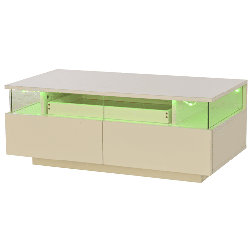 Mesa de centro 90 x 45 x 35,5 cm - com bandeja, 2 gavetas, vidro temperado, luz LED - branco