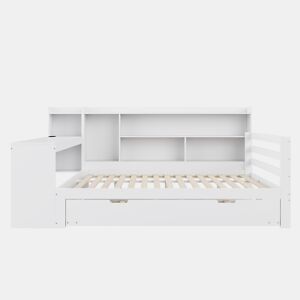 Sofá-cama 140 x 200 cm - Com secretária, prateleiras, compartimentos, tomadas e cama extraível - Branco