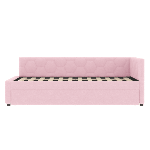 Daybett, 90x200cm - Sofá-cama, com estrado (sem colchão), candeeiro de cabeceira, cama extensível multifuncional, porta USB e tipo C, material confortável, imitação de veludo - Rosa