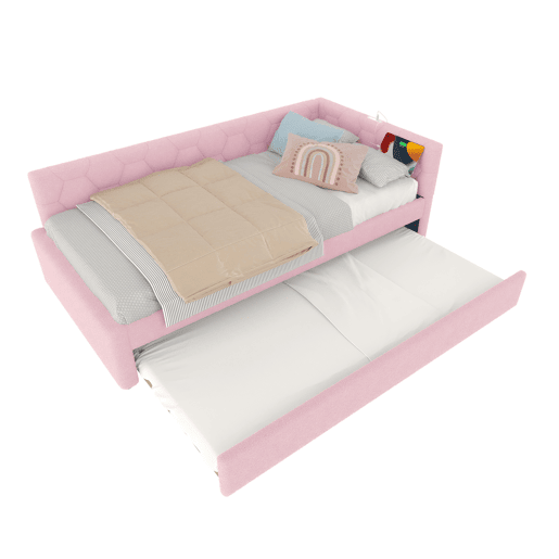 Daybett, 90x200cm - Sofá-cama, com estrado (sem colchão), candeeiro de cabeceira, cama extensível multifuncional, porta USB e tipo C, material confortável, imitação de veludo - Rosa