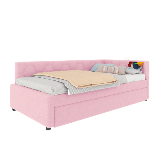 Daybett, 90x200cm - Sofá-cama, com estrado (sem colchão), candeeiro de cabeceira, cama extensível multifuncional, porta USB e tipo C, material confortável, imitação de veludo - Rosa