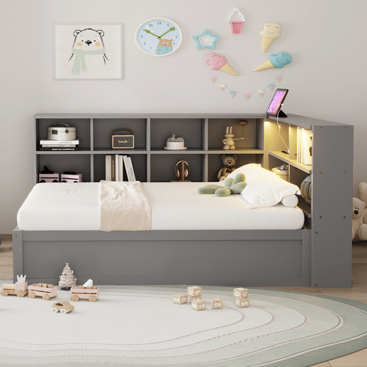 Sofá-cama 90*200 - com tomada múltipla, vários compartimentos de arrumação, barra de luz, cama hidráulica, cama de madeira maciça, cama individual - Cinza