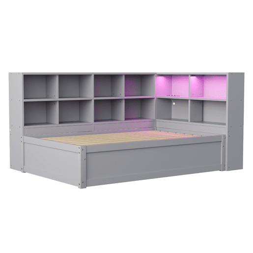 Sofá-cama 90*200 - com tomada múltipla, vários compartimentos de arrumação, barra de luz, cama hidráulica, cama de madeira maciça, cama individual - Cinza