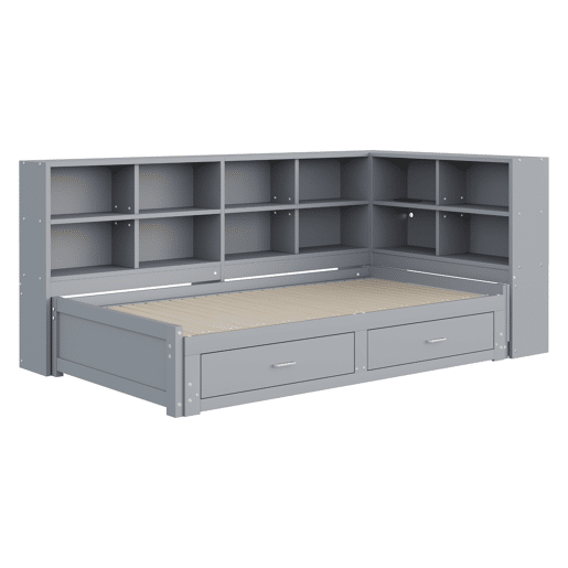 Sofá-cama extensível 90180*190 cm - Com arrumação, tomada multifuncional, gavetas e estrado - Cinza