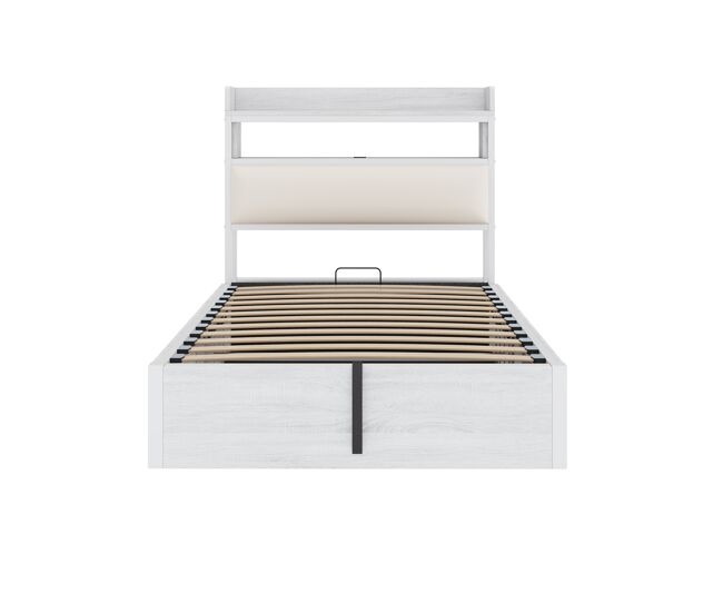 Estructura de cama 90x200 - mecanismo hidráulico, puerto usb, cabecero acolchado, diseño retro de madera y metal, almacenamiento oculto - blanco