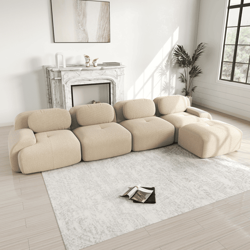 Sofá de canto para 4 pessoas - 32D almofadado de alta elasticidade, antiderrapante, com chaise longue, braços extra largos, combinável, sem montagem - Bege