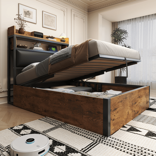 Cama individual 90x200 - Com mecanismo hidráulico, USB, cabeceira acolchoada, design retro em madeira e metal, camada de armazenamento oculta - Preto