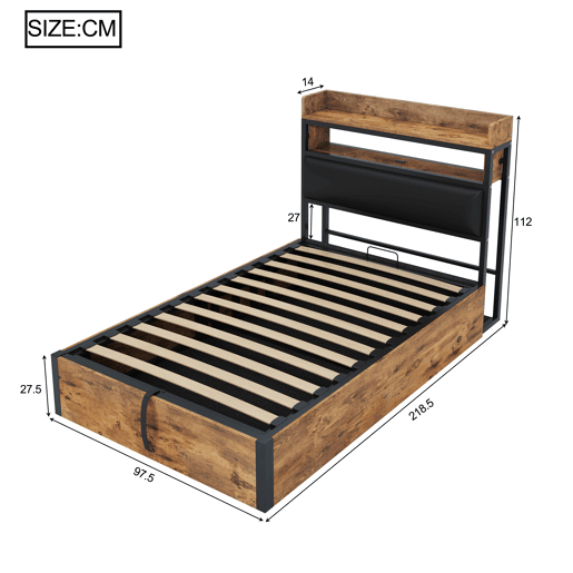 Cama individual 90x200 - Com mecanismo hidráulico, USB, cabeceira acolchoada, design retro em madeira e metal, camada de armazenamento oculta - Preto