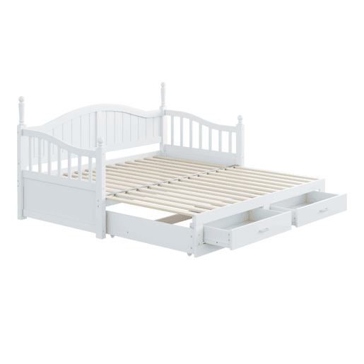 Sofá-cama extensível 90180*190 cm - com colunas romanas, encosto curvo, apoios de braços, com gavetas e estrado, cama multifuncional em pinho - Branco