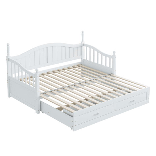 Sofá-cama extensível 90180*190 cm - com colunas romanas, encosto curvo, apoios de braços, com gavetas e estrado, cama multifuncional em pinho - Branco