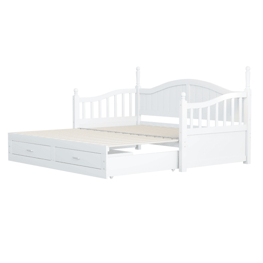 Sofá-cama extensível 90180*190 cm - com colunas romanas, encosto curvo, apoios de braços, com gavetas e estrado, cama multifuncional em pinho - Branco