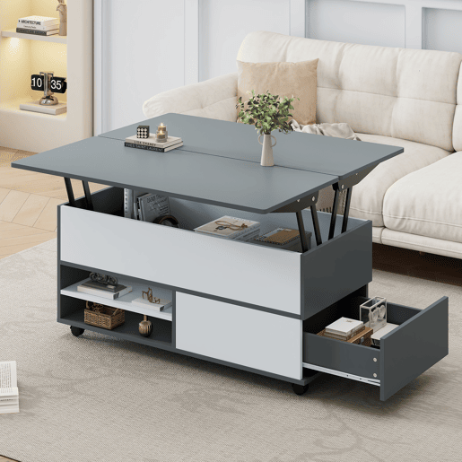 Mesa de centro 100x98x65 cm - Mesa de café elevável com arrumação oculta e prateleira, mesa multifuncional com rodas e gavetas - Cinza-branco