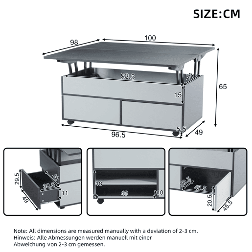 Mesa de centro 100x98x65 cm - Mesa de café elevável com arrumação oculta e prateleira, mesa multifuncional com rodas e gavetas - Cinza-branco