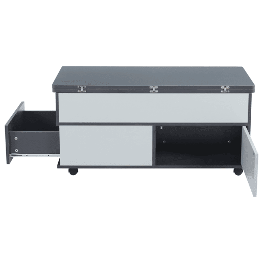 Mesa de centro 100x98x65 cm - Mesa de café elevável com arrumação oculta e prateleira, mesa multifuncional com rodas e gavetas - Cinza-branco