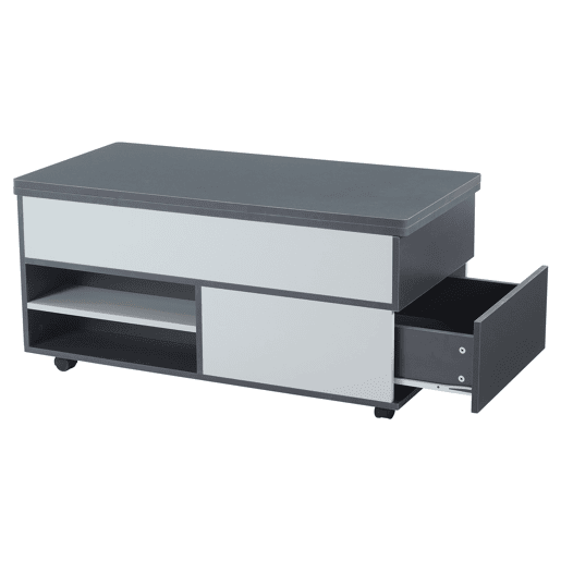 Mesa de centro 100x98x65 cm - Mesa de café elevável com arrumação oculta e prateleira, mesa multifuncional com rodas e gavetas - Cinza-branco