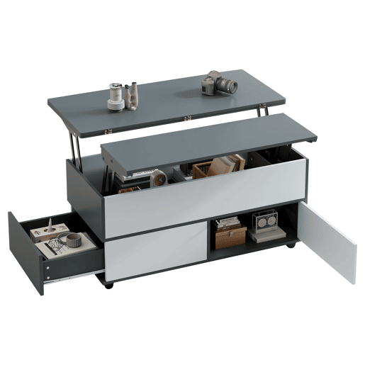 Mesa de centro 100x98x65 cm - Mesa de café elevável com arrumação oculta e prateleira, mesa multifuncional com rodas e gavetas - Cinza-branco