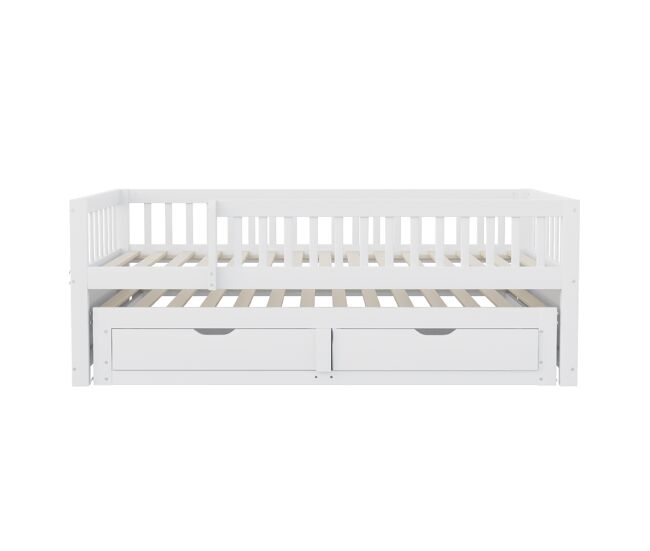 Sofá cama madera maciza 90 x 200 cm - barandilla de seguridad completa, cama extensible con 2 cajones y somier - blanco