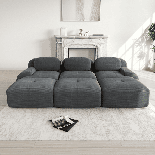 Sofá modular de 3 lugares - com 3 pufes, braços ultrafinos, montagem sem ferramentas, adequado para animais de estimação - Cinza