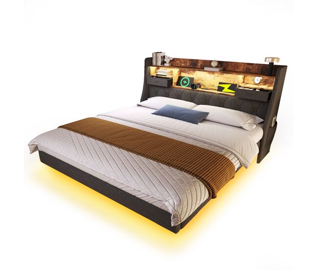 Cama de matrimonio de lino 160x200cm con luz led,gris