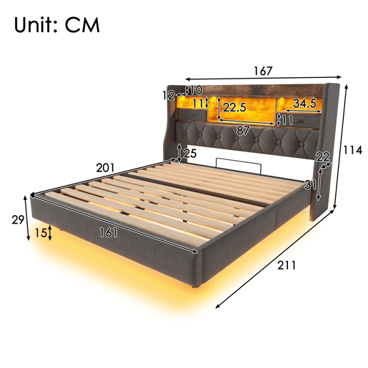 Cama de casal de linho 160x200cm com luz led,cinza