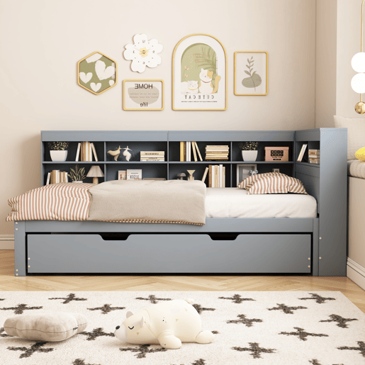 Sofá-cama 90x200 - Cama extraível 90x190 com porta USB e vários compartimentos - Cinza