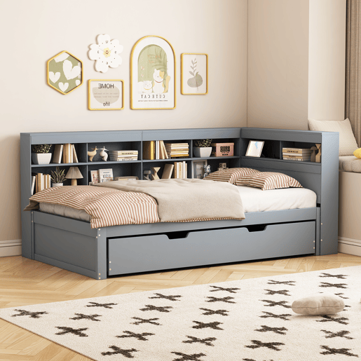 Sofá-cama 90x200 - Cama extraível 90x190 com porta USB e vários compartimentos - Cinza
