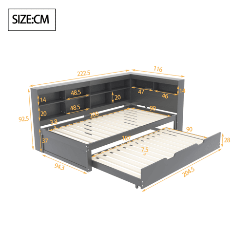 Sofá-cama 90x200 - Cama extraível 90x190 com porta USB e vários compartimentos - Cinza