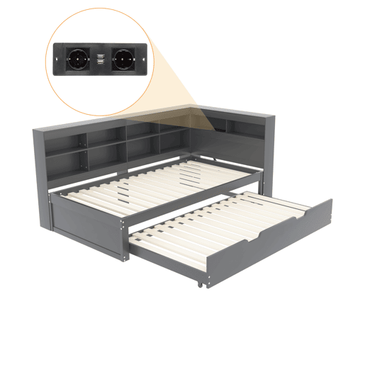 Sofá-cama 90x200 - Cama extraível 90x190 com porta USB e vários compartimentos - Cinza
