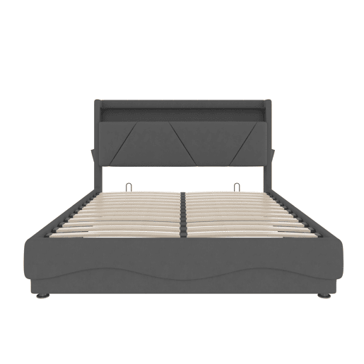 Cama estofada 160x200 cm - Cabeceira com LED, armazenamento adicional, base silenciosa, portas USB certificadas - Cinza