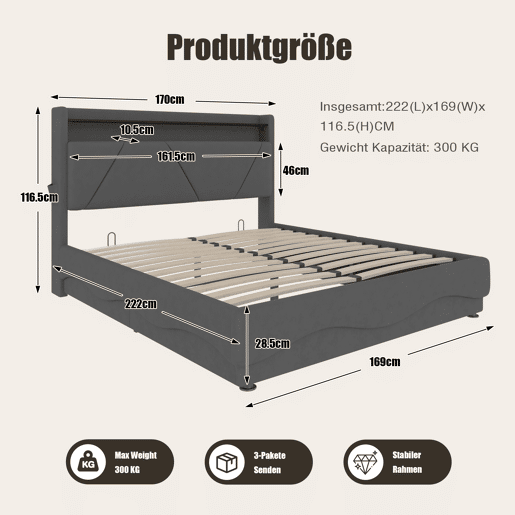 Cama estofada 160x200 cm - Cabeceira com LED, armazenamento adicional, base silenciosa, portas USB certificadas - Cinza