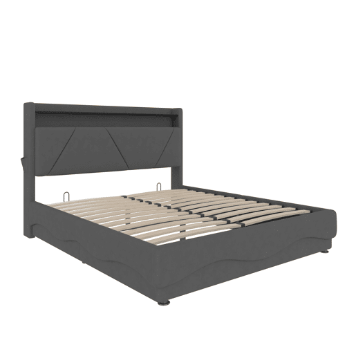 Cama estofada 160x200 cm - Cabeceira com LED, armazenamento adicional, base silenciosa, portas USB certificadas - Cinza
