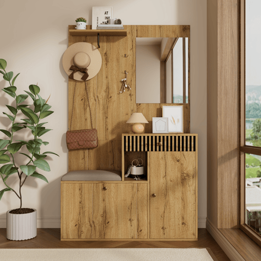 Móvel de entrada de mdf com sapateira e espelho,natural Móvel de entrada de mdf com sapateira e espelho,natural