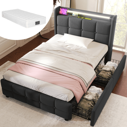 Cama estofada 90x200cm - Função de carregamento USB, cabeceira com iluminação LED e 2 gavetas - Cinza