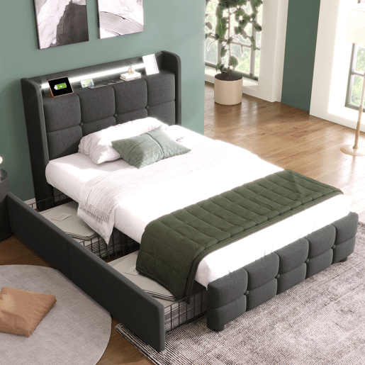 Cama estofada 90x200cm - Função de carregamento USB, cabeceira com iluminação LED e 2 gavetas - Cinza