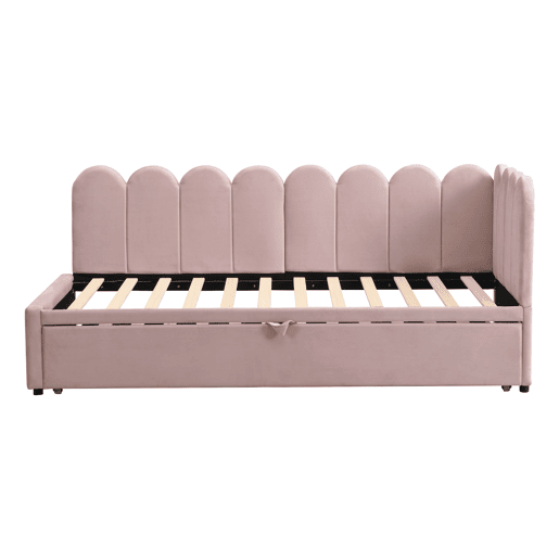 Sofá-cama multifuncional 90180x200 cm - design em L, cama para crianças ou convidados, rosa veludo Sofá-cama multifuncional 90180x200 cm - design em L, cama para crianças ou convidados, rosa veludo