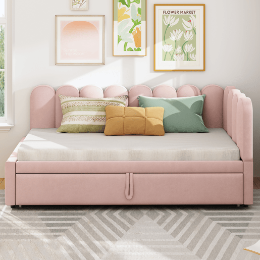 Sofá-cama multifuncional 90180x200 cm - design em L, cama para crianças ou convidados, rosa veludo Sofá-cama multifuncional 90180x200 cm - design em L, cama para crianças ou convidados, rosa veludo