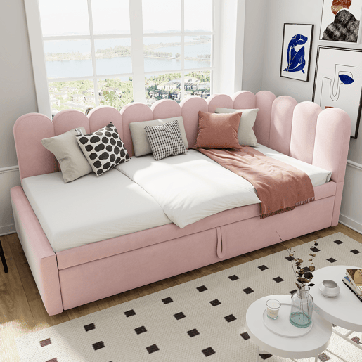 Sofá-cama multifuncional 90180x200 cm - design em L, cama para crianças ou convidados, rosa veludo Sofá-cama multifuncional 90180x200 cm - design em L, cama para crianças ou convidados, rosa veludo
